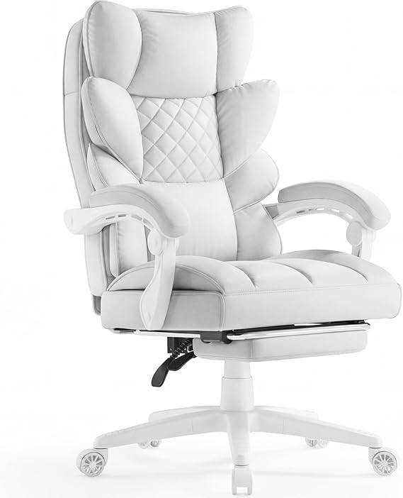 Dowinx Big and Tall Office Chair with Pocket Spring Cushion,High Back Computer Gaming Chairs with Linkage Armrests,Executive Desk Chairs with Footrest,Cloth-White