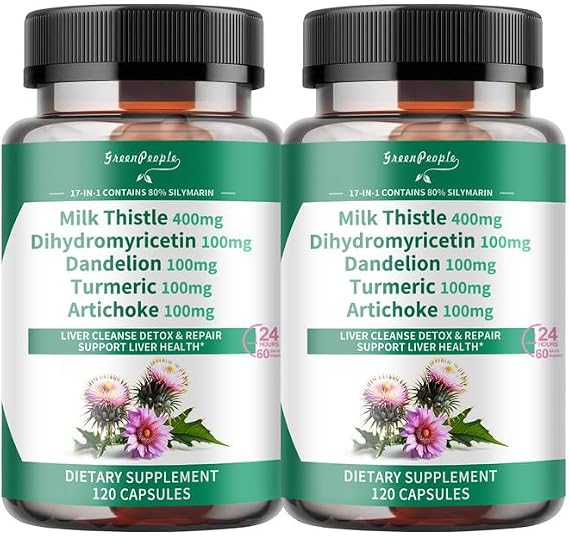 GREENPEOPLE Liver Cleanse Detox & Repair Capsules - Milk Thistle Liver Detox with Dandelion & Artichoke Extract/Dihydromyricetin DHM/Turmeric/Vitamin B12 - Liver Supptment 120pcs 2packs
