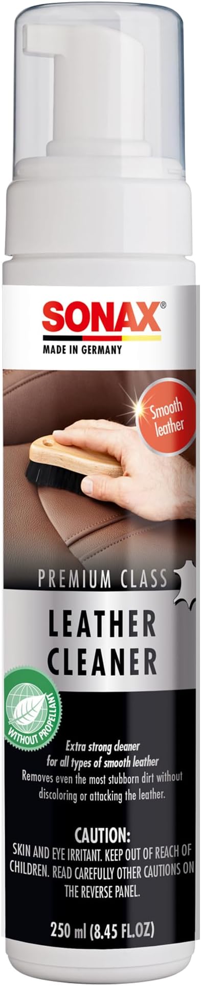 SONAX Premium Class Leather Cleaner | Powerful Foaming Formula for Deep Cleaning Smooth & Perforated Leather | Removes Stubborn Dirt, Stains & Blue Jean Transfer | Safe & Non-Drying | 281141 | 250ml