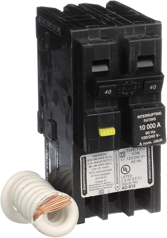 Square D by Schneider Electric Homeline 40 Amp Mini Circuit Breaker, 2 Pole, 120/240V AC, 10kA Breaking Capacity, Plug in Mount, GFCI Class A, Residential Use (HOM240GFIC)