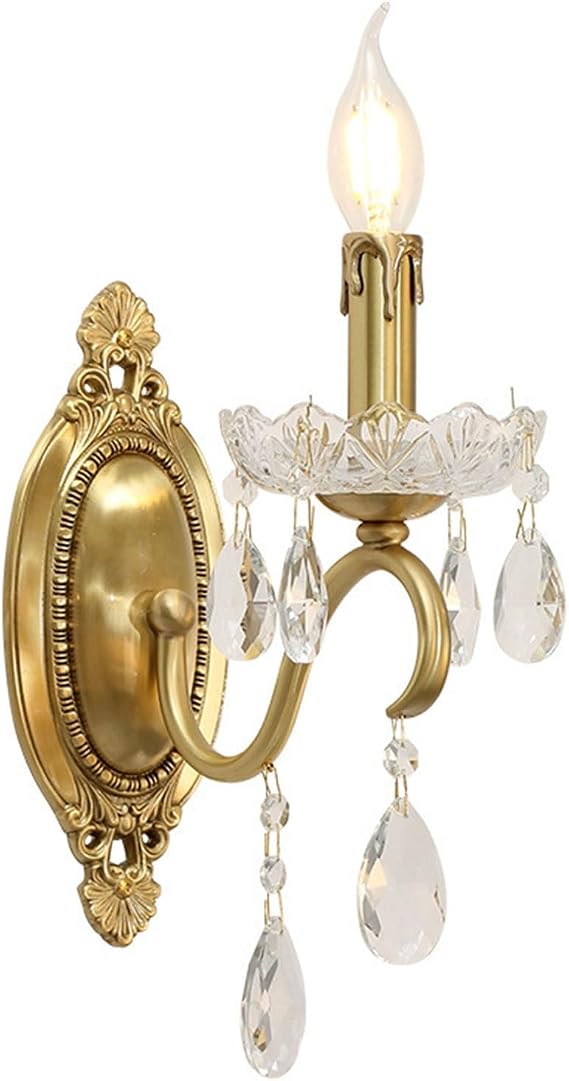 Wall Light Sconce French Style Vintage Crystal Wall Lamp Farmhouse Candle Brass Wall Sconces Modern K9 Glass Crystal Drops Shade Wall Lamp Bedroom Living Room Lighting-2 Heads(1 Head)
