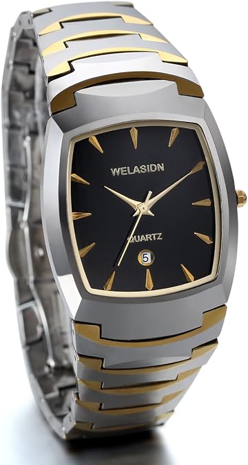 JewelryWe Men's Watch Square Dial Quartz Calendar Watch Silver Tungsten Carbide Wristwatch for Father's Day