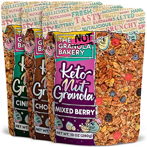 The Granola Bakery Cinnamon Chocolate Berry Variety Nut Keto Granola Cereal | Nearly 50% Nuts | Sugar Alcohol Free | Low Carb Snack, 10 Ounces Pack of 3