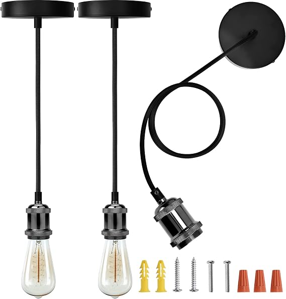JACKYLED 2 Pack Mini Pendant Light Kit UL Vintage Socket E26 E27 Lampholder | Black Woven Fabric Pendant Light Cord Adjustable Canopy Kit