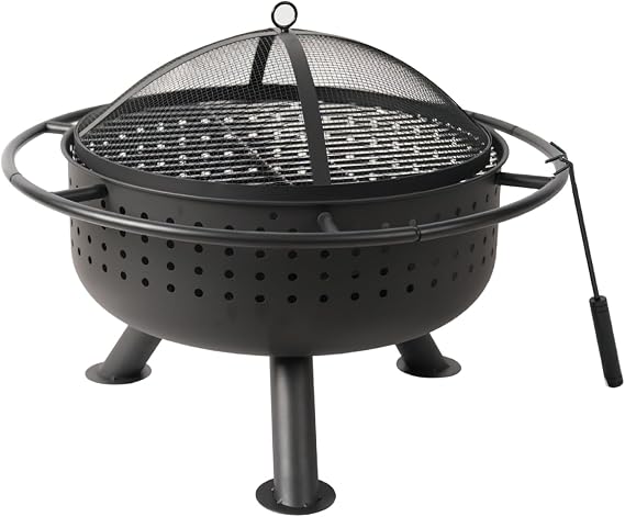 Outdoor Fire Pit with Grill, Black Metal, 26.57x21.26 Inch, Portable Charcoal BBQ Bowl, Mesh Spark Screen Cover, Multi-Functional Courtyard Cooking