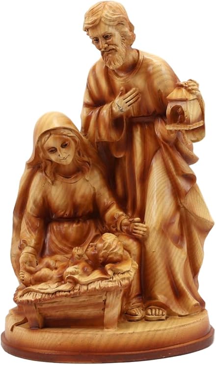 Ebros Holy Family Nativity of Jesus Statue Christian Catholic Inspirational Accent Mary Joseph and Infant Jesus in Manger Christmas Decor Figurine in Hand Painted Faux Wood Finish