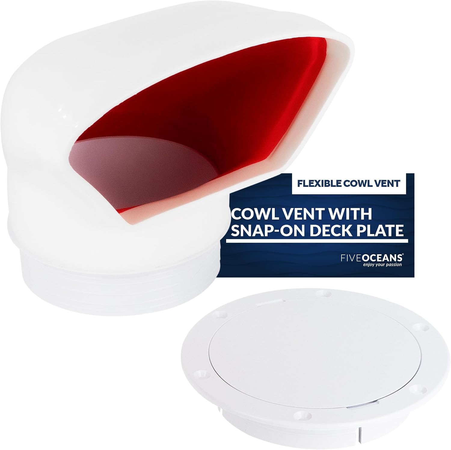 Five Oceans Cowl Vent with Snap-On Deck Plate and Cover, Low Profile UV-Resistant and Flexible PVC, Red Interior, for Air Intake or Cabin Ventilation