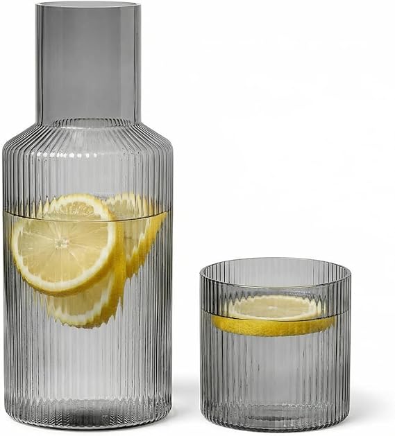 Bedside Carafe and Glass Set, Use Tumbler as Lid Night Table Water Carafe, Classic Vertical-Striped 33.8oz Glass Pitcher with 11.8oz Tumbler Lid for Nightstand, Mouthwash (Smoke Grey)