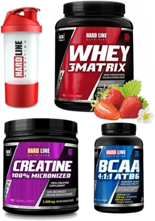 Hardline Whey 3Matrix 908 Gr Çilek + Kreatin 300 Gr + BCAA 4:1:1 Atb6 120 Tablet + Shaker