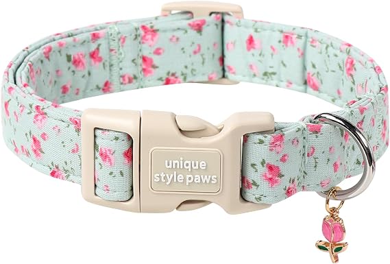 Unique style paws Dog Collar Quick Release Cotton Green Flowers Collar Gift Durable Cute Collar for Small Medium Large Boys Girls Dogs
