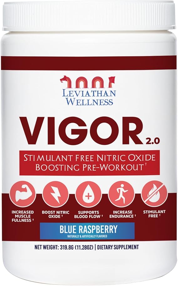 Vigor V2 - Stimulant-Free Nitric Oxide Pre-Workout Powder | 1500mg of Each: L-Citrulline, Nitrosigine and GlycerPump | Blue Raspberry | 30 Servings, 10.45g Each | Made in USA