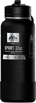 Hydrapeak 32oz Sport Insulated Water Bottle with Straw Lid, Leak & Spill Proof, Keeps Drinks Cold for 24 Hours, Hot for 12 Hours, Premium Stainless Steel Water Bottles 32oz, Black