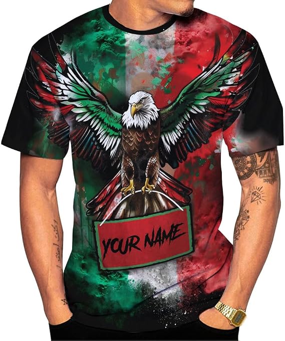 Custom Mexico Shirts Personalized Name Mexican 3D Flag Shirt for Men Women Aztec Unisex Short Sleeves US Eagle Pride Camisas (Polyester, Q3)