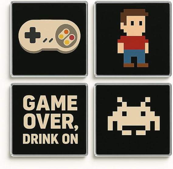 Acrylic Coaster Set of 4 with Gaming-Inspired Designs - Pixel Playset for Game Room Decor & Man Cave Drink Protection
