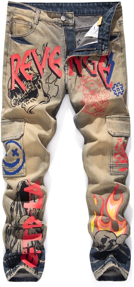 Men's Straight Slim Jeans Denim Pants Printed Biker Moto Casual Multi-Pocket Male