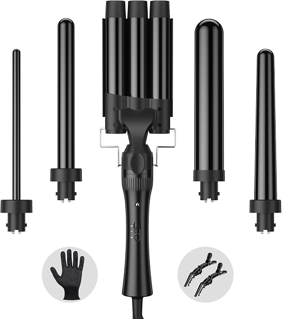 Hair Waver Curling Wand Iron Tong, Chopstick, 5 in 1 Hair Curler for Long Hair 10mm-32mm with 2 Crocodile Clips 1 Anti-Scald Silicone Gloves, PTC Ceramic Triple Barrels LCD 180°C & 210°C