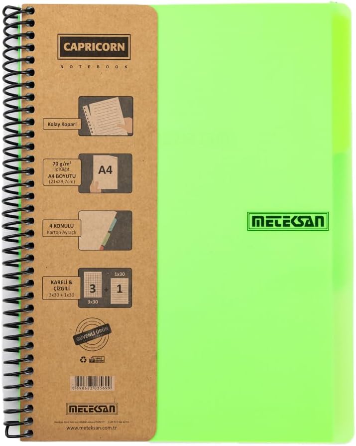 Meteksan Capricorn Neon Serisi, A4, 6 Konulu 3 Kareli, 3 Çizgili 180 Yaprak PP Kapaklı Spiralli Defter, Yeşil