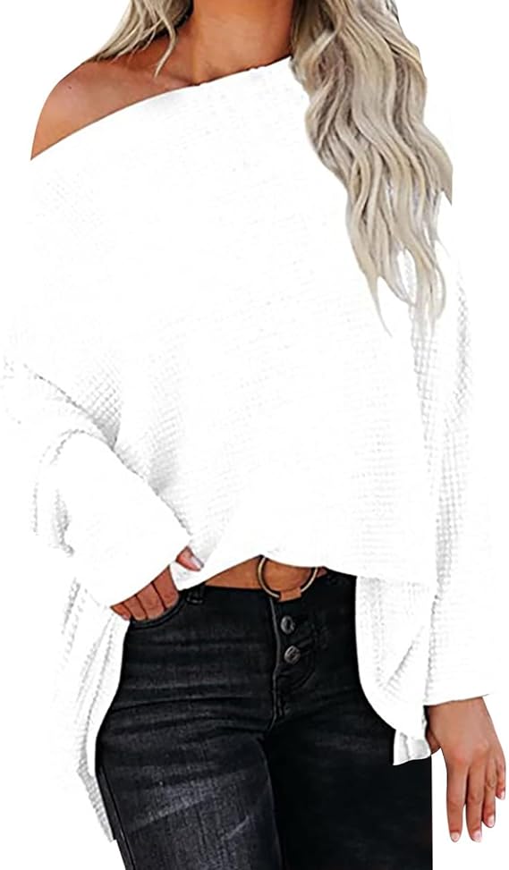 Women Off The Shoulder Sweater Oversized Waffle Knit Long Sleeve Shirt Boat Neck Batwing Tunic Pullover Sweaters Tops