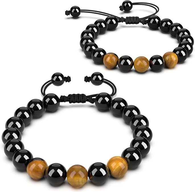 Ablethe Mens Protection Bracelet, Beads Tiger Eye Bracelet for Men - 10mm Handmade Adjustable Braided Rope Gemstone Bracelets with Natural Stone Black Obsidian