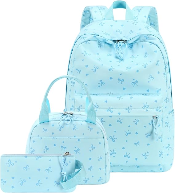 CAMTOP Girls Backpack with Lunch Box Set, Cute Bow School Backpack for Kids, 3-in-1 Lightweight Lunch Bag and Pencil Pouch