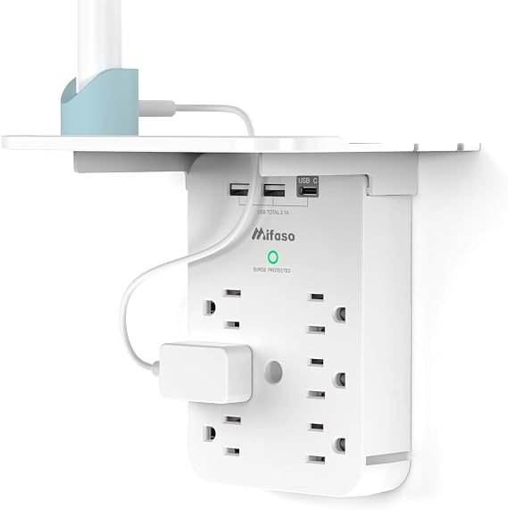 Wall Outlet Extender with Surge Protector, 6 AC Outlets, with Shelf | 2 USB A & USB C Charging Ports, Home & Dorm Plug Expander