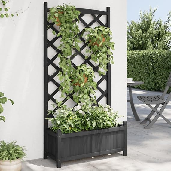 Raised Planter Box with Trellis Black Solid Fir Wood Large Elevated Garden Bed for Climbing Plants Outdoor Indoor Gardening