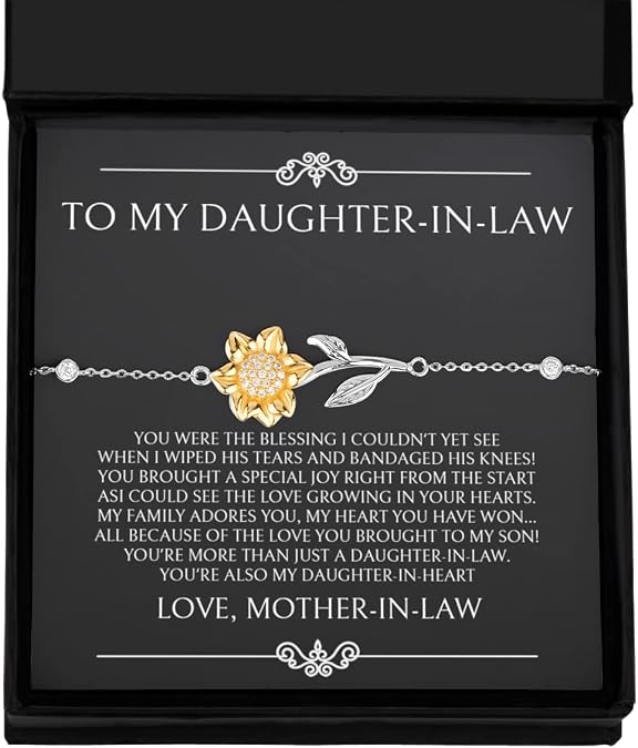 Daughter in law Gifts From Mother in law, 925 Sterling Silver Bracelet with 14k Gold Sunflower Charm and Message Card, New Future Daughter in law Gifts Bracelet, Birthday Card Wedding Christmas Unique Gifts