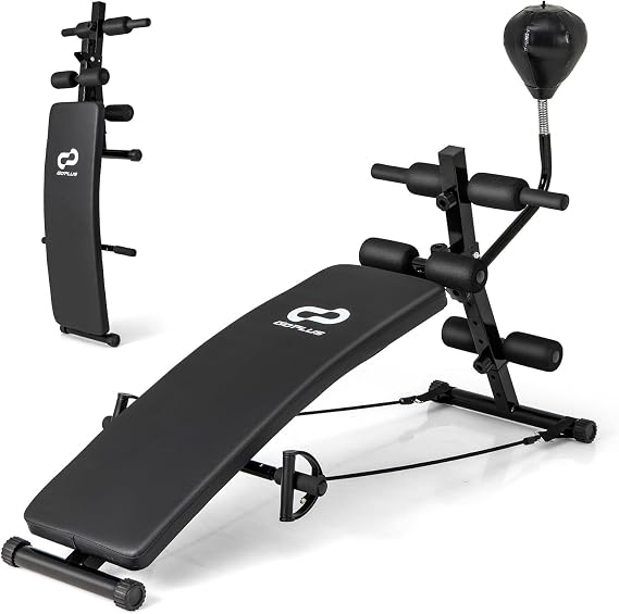 Goplus Adjustable Decline Sit Up Bench for Exercise, Foldable Curved Slant Bench with Speed Ball, Pump & 2 Resistance Bands, Heavy Duty Metal Frame, Full Body Ab Workout Equipment for Home Gym, Black
