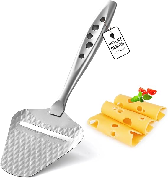 Premium Cheese Slicer Effortless Slicing for All Cheese Types Multi-Functional Cheese Cutter - Stainless Steel Cheese Plane Quilted Pattern Reduces Resistance, Non-Stick, Ergonomic Handheld Grip