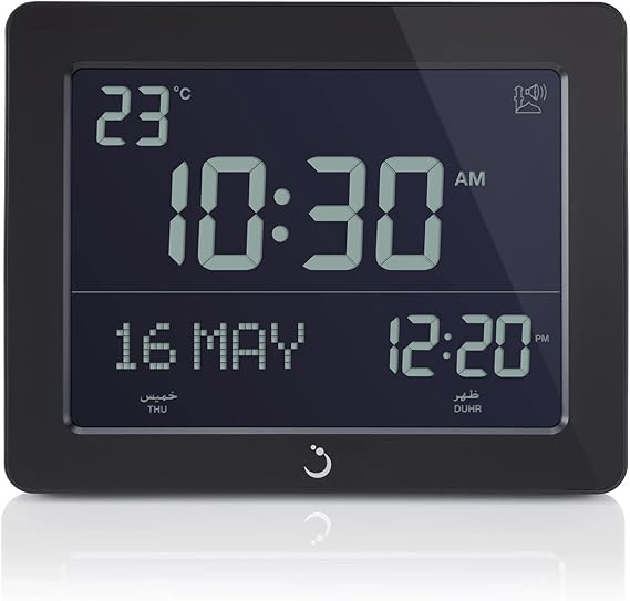 AlFajr Azan Clock CF-19 Black- Automatic Athan Five Times in 5 Different Voices - Simplified Manual for USA Cities (Zoon) (Black)