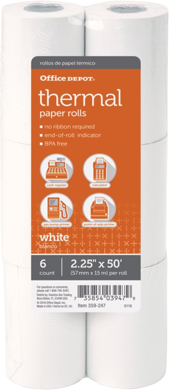 Office Depot Brand Thermal Paper Rolls, 2 1/4" x 50', White, Pack Of 6