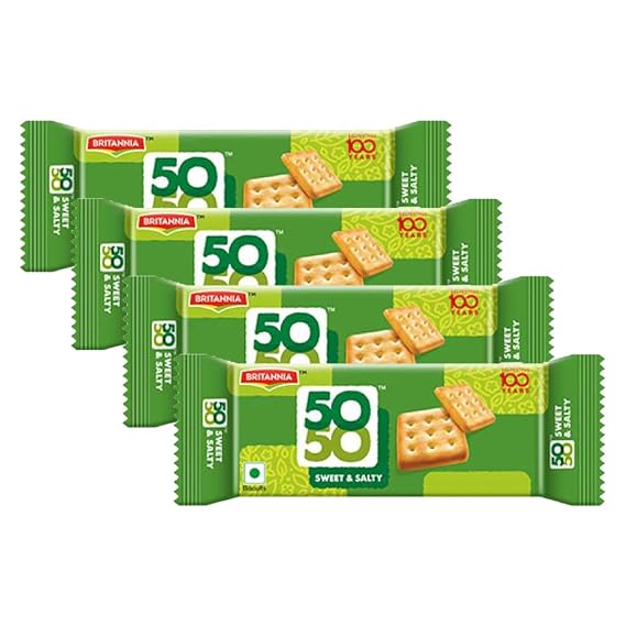 BRITANNIA Crackers 50 50 Sweet and Salty Biscuit 2.19oz (62g) - Delicious, Light & Crispy Grocery Cookies - Best Treat for Friends & Family (Pack of 4)