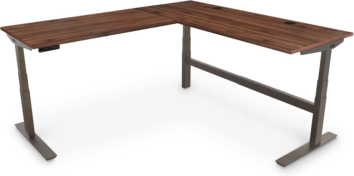 Uplift Desk Walnut Laminate 60 x 78 x 30 x 27 inch Standing Desk 3-Leg V2-Commercial Adjustable Stand Up L-Shaped Frame Industrial Style, Advanced Keypad, Wire Grommets, Wire Tray, Rocker Board