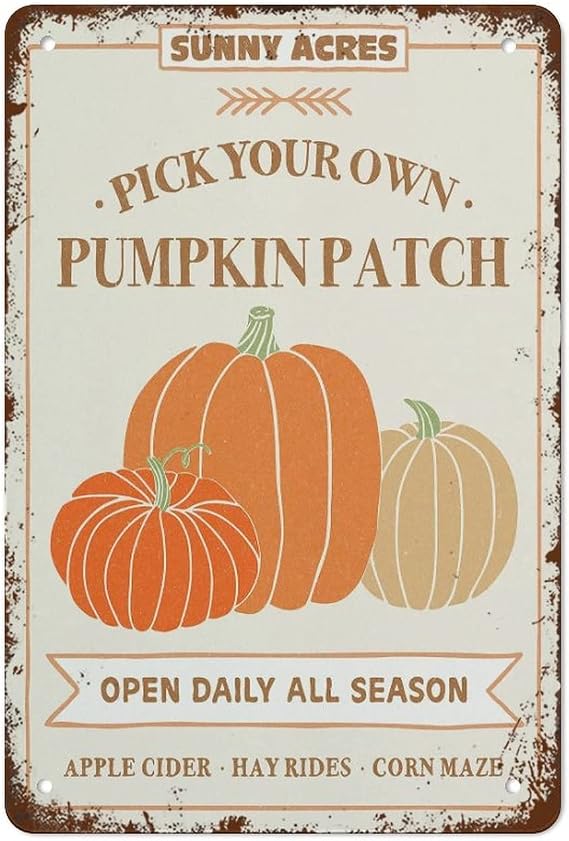 Retro Metal Tin Sign Pumpkin Patch Wall Decoration - Autumn Print for Farmhouse Pub Bar Cafe Office Restaurant Kitchen Bedroom