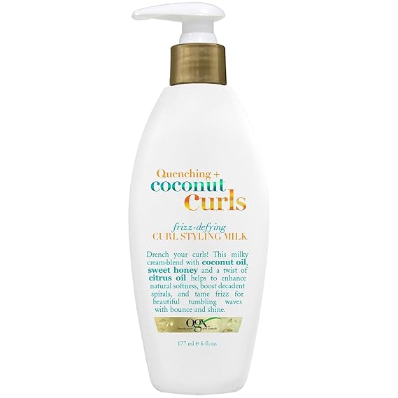 OGX Quenching + Coconut Curls Frizz-Defying Styling Milk, Nourishing Leave-In Hair Treatment with Coconut, Citrus Oil & Honey, Paraben-Free and Sulfated-Surfactants Free, 6 fl oz