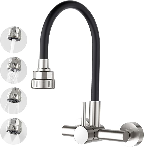 CREA Kitchen Wall Tap with Black 360° Flexible Silicone Soft Hose, Single Lever Mixer Tap for Sink Kitchen with 4 Water Jets Shower Head, Brushed Stainless Steel