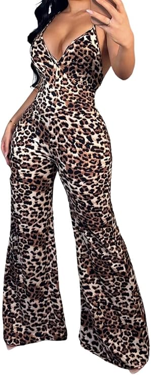 WDIRARA Women's Sexy Leopard Print Wide Leg Jumpsuits