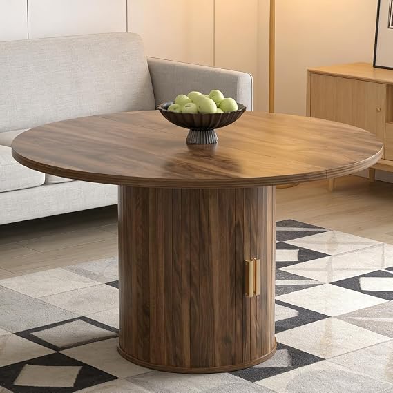 Extendable Dining Table, Modern Circle Kitchen Table for 4 to 6 People, Rustic Dining Room Table with Storage Shelf, Extendable Table Top, Extendable to Oval, 110-150 cm,Pedestal Base