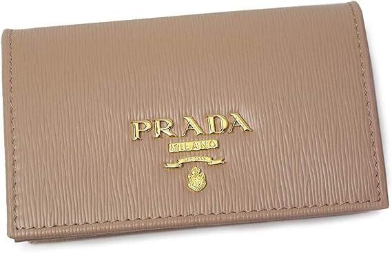 Prada Vitello Move Cipria Beige Textured Leather Mini Cardholder Wallet Gold Logo Snap Closure Slim Compact Design 4.5" x 1" x 2.5" Made in Italy New