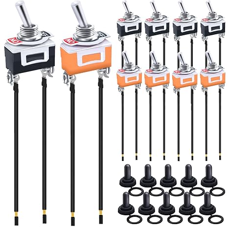 10Pcs Toggle Switch 20A 12V DC Heavy Duty Waterproof Toggle Switch 15A 250V AC 20A 125V AC SPST 2 Pin ON/Off for Auto Car Boat RV with Waterproof Boot Cap & Terminal Wires 2Color(Red/Orange)