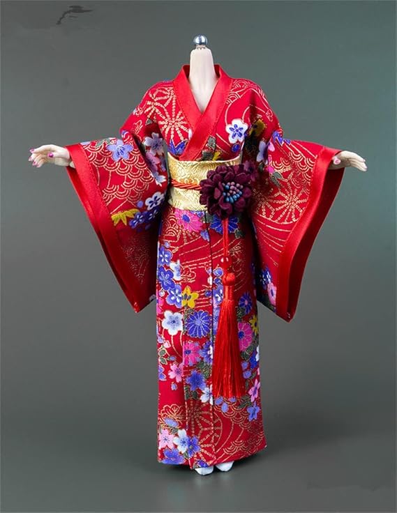 1/6 Scale Female Japanese Kimono Traditional Dress Clothing with Belt Waistband Socks Accessories for 12 Inch Female Action Figure Doll, 1/6 Japanese Bathrobe Costume (red, Long Style)