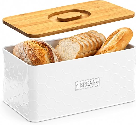vensovo Bread Box for Countertop, Small White Metal Bin with Bamboo Lid