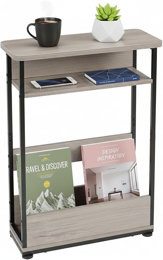 Vintage Narrow Side Table with Storage Shelf, 3 Tier Slim End Table Modern Sofa Table for Narrow and Small Spaces, 24.6 Inch Height Bedside Table Small Nightstand with Magazine Rack Space Saving/Oak