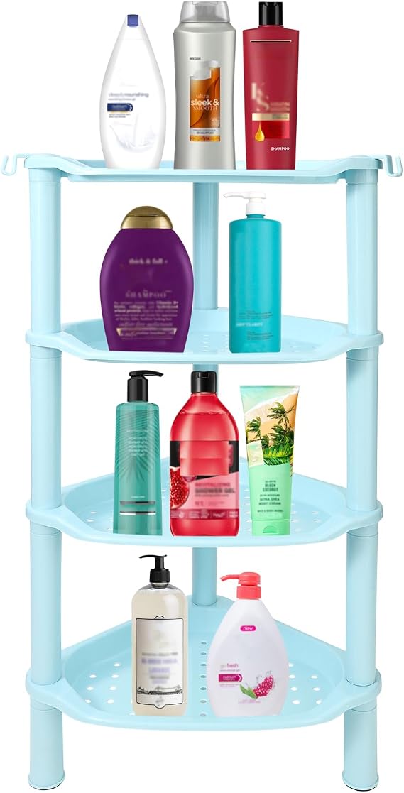 4 Tier Corner Shower Caddy, Rustproof, Plastic Shower Organizer for Bathroom, Bathtub, Shower pan, Bath Accessories Shower Caddies, 13.5 x 10 x 33.5 Inches, Blue (Round Slot Blue 4 Tier)