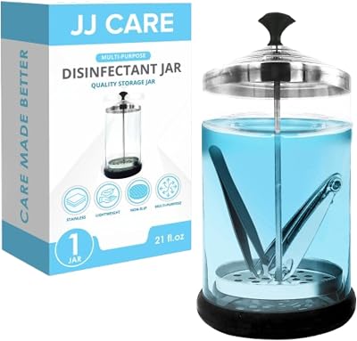 JJ CARE Disinfectant Jar 21 oz - Barber Disinfectant Jar Glass, Sanitizer Container wStainless Steel Removable Strainer & Cap for Manicure, Salon, Spa and Barber Tools - Black Lid