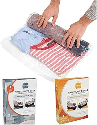 Compression Bags for Travel No Vac or Pump Needed Reusable Sealed Space & Storage Saver Packs for Clothes, Comforters, Packing Blankets, 2 Pack Set