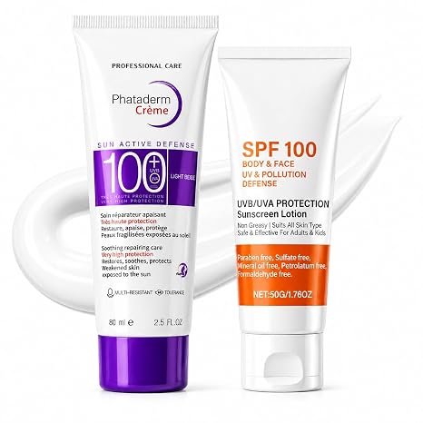 Sun Cream Face SPF 100-2 Pieces Anti-Ageing Sunscreen for Face & Body Sun Protection Lotion with UVA/UVB Protection SPF 100 Sun Cream for Outdoor Sports Lightweight Non-Greasy 130 ml