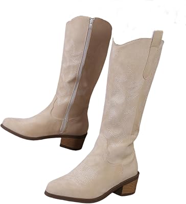 Western Cowgirl Cowboy Ankle Boots for Women Mid Calf Short Booties with Embroidery Round Toe Chunky Low Heel Shoes