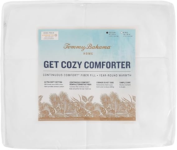 DOWNLITE Tommy Bahama Get Cozy Comforter 350 Thread Count, Breathable 100% Cotton Fabric Weighted for All Season Toss & Turn Comfort Oversized Queen