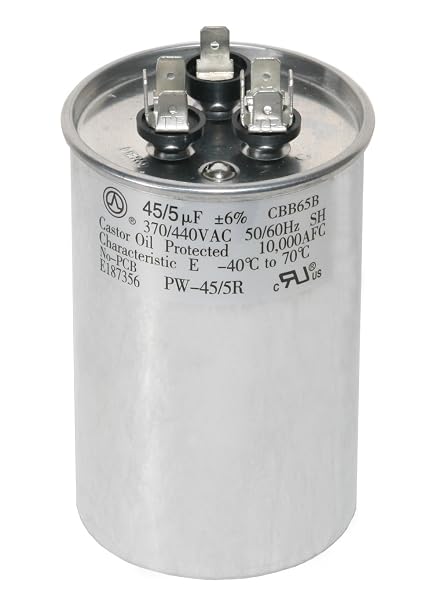 45+5 MFD 45/5 uf 370 or 440 Volt Dual Run Round Capacitor PW-45/5/R for Condenser Straight Cool or Heat Pump Air Conditioner -  to Last 5 Years